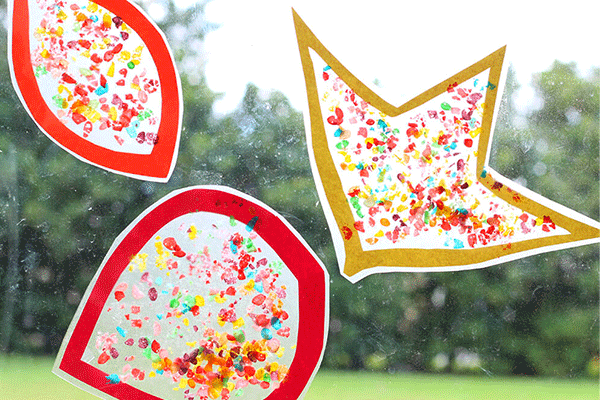 Stained glass fall leaf craft made with Fruity PEBBLES cereal